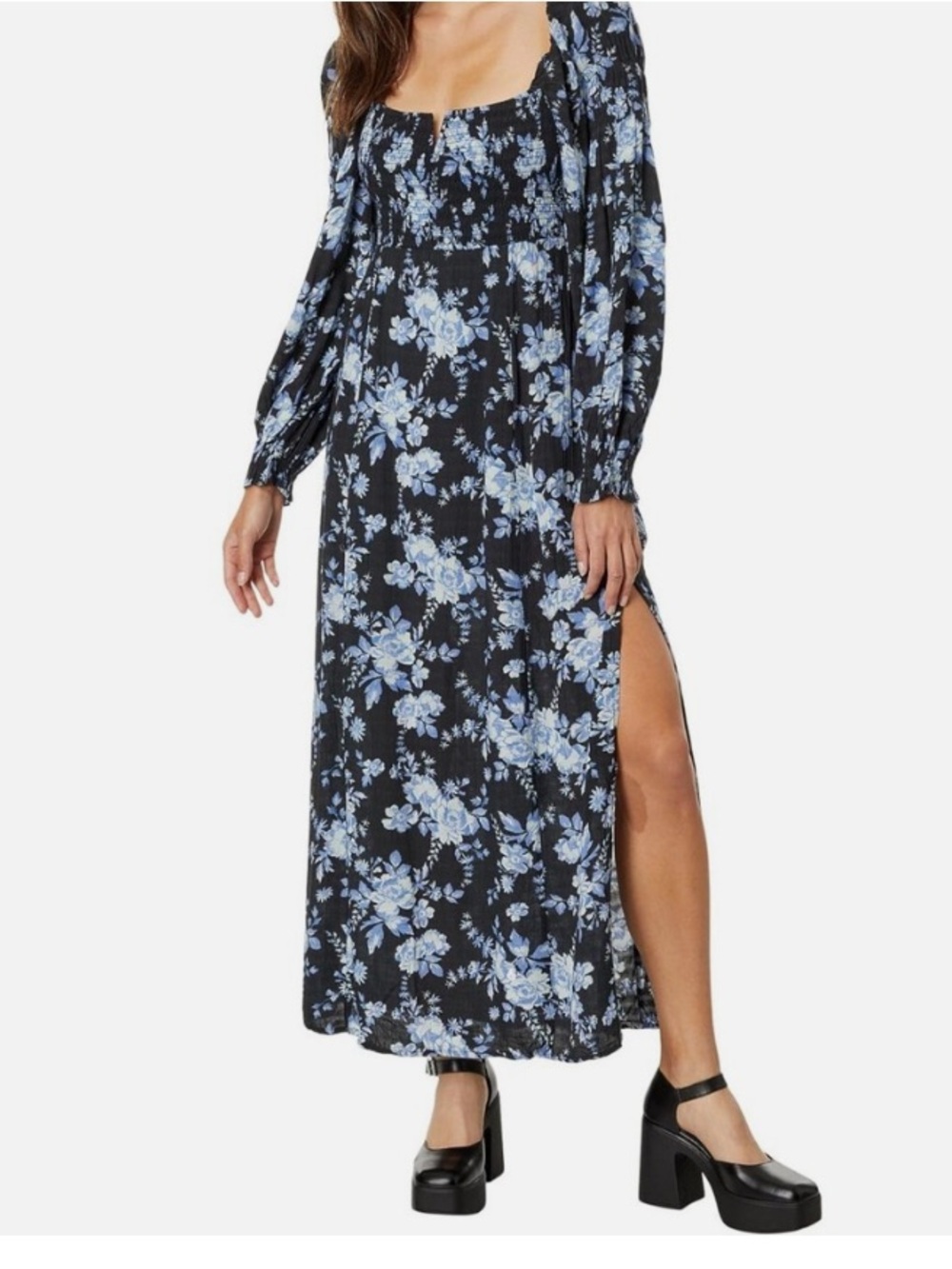 Free People Black Maxi Dress with Light Blue Floral Print